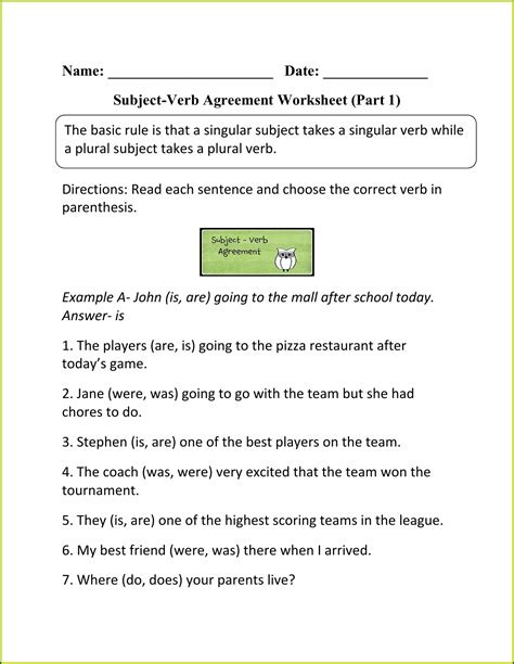 Subject Verb Agreement Worksheet Fill In Part 1 Answers