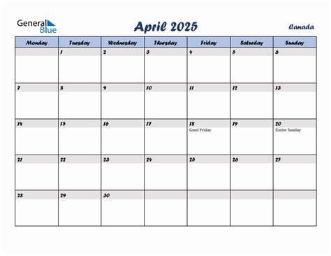 April 2025 Monthly Calendar Template With Holidays For Canada