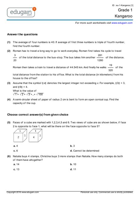 grade 1 kangaroo printable worksheets online practice