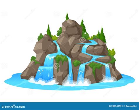 Cartoon Waterfall And Water Cascade Fall From Rock Stock Illustration