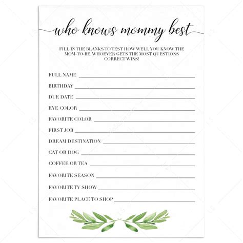 Baby Shower Game Who Knows Mommy Best Printable And Virtual Files