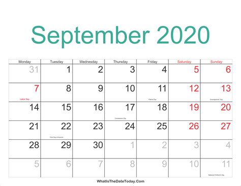September 2020 Calendar Printable With Holidays Whatisthedatetodaycom