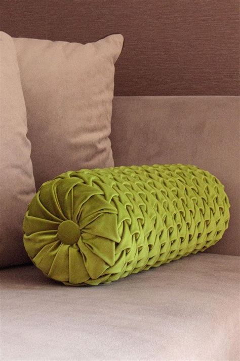 Green Decorative Bolster Pillow Round Velvet Smocked Bolster Cushion