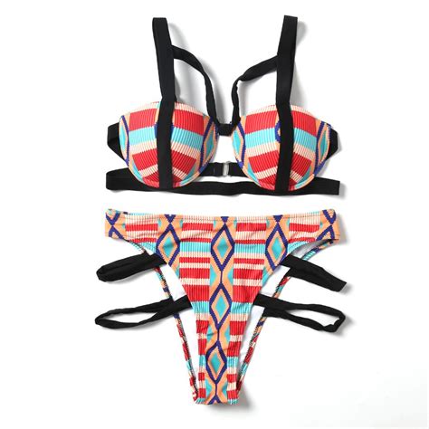 New Womens Striped Bikini Set Lace Up Bandage Swimwear Push Up Low