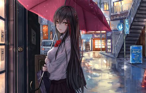 1400x900 Anime Girl Rain Umbrella Looking At Viewer 1400x900 Resolution