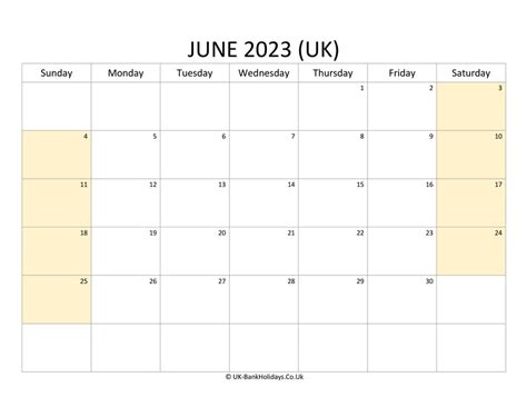 June 2023 Calendar Printable With Bank Holidays Uk