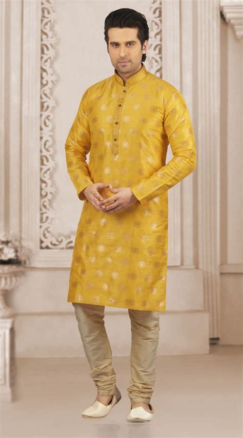 Yellow Jacquard Silk Brocade Wedding Wear Kurta Pajama For Haldi Function Wedding Dresses Men