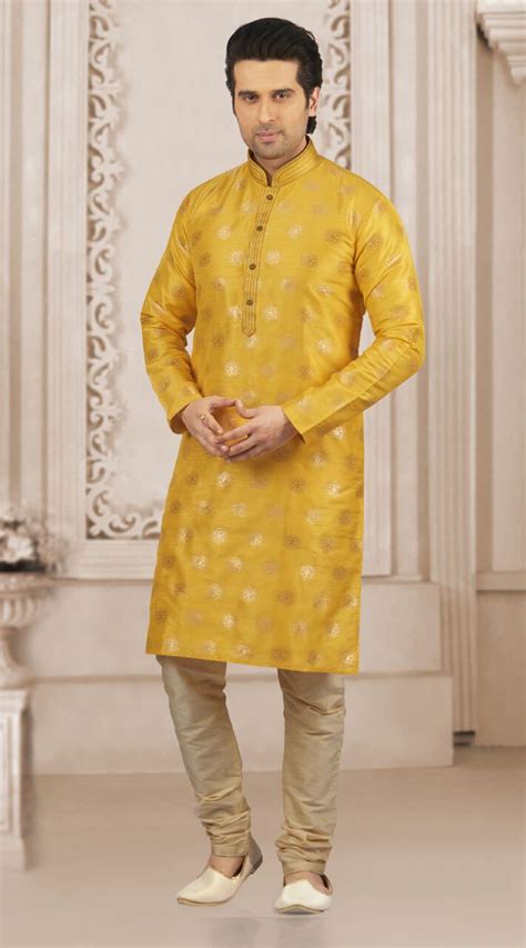 yellow jacquard silk brocade wedding wear kurta pajama for haldi function wedding dresses men