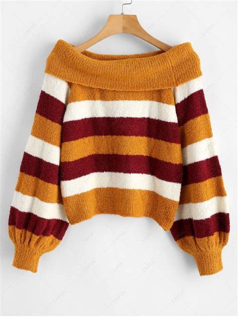 33 Off 2021 Zaful Fluffy Off The Shoulder Striped Sweater In Multi