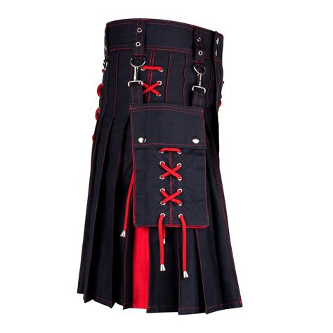 Mens Two Tone Red And Black Utility Cotton Kilt With Detachable