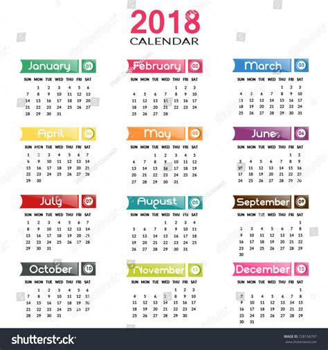 New Year 2018 Calendar Stock Vector 728156797 Shutterstock