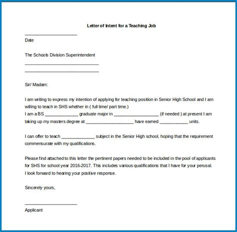 √ Free Printable Letter Of Intent For Teaching Job