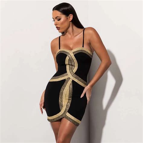 New Arrival Fashion Black With Gold Patchwork Bandage Dress Women Spaghetti Strap Bodycon