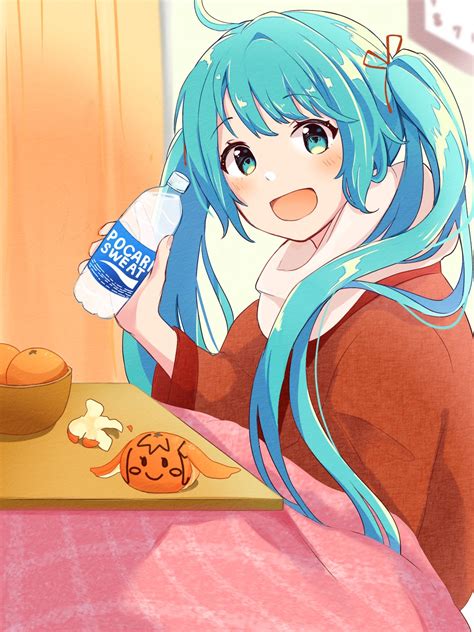 Safebooru 1girl Aoiyui Aqua Eyes Aqua Hair Blush Stickers Bottle Commentary Drink Food Fruit