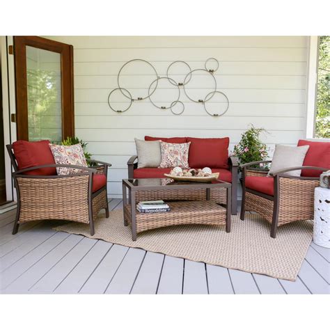 Thompson 4 Piece Wicker Patio Conversation Set With Red