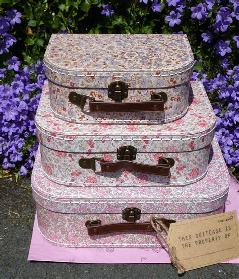 3 Vintage Floral Suitcases Storage Stacking Boxes Pink Blue New