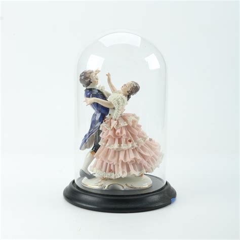 Dresden Art Dancing Couple Figurine With Glass Dome Ebth