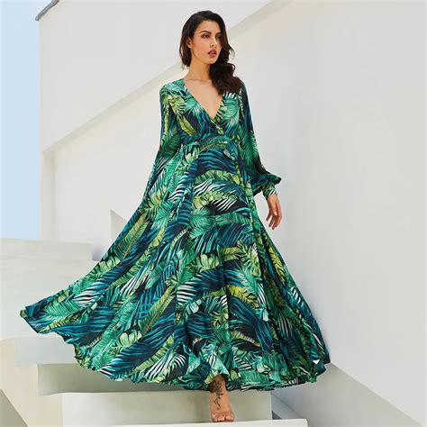 vintacy long sleeve dress green tropical beach vintage maxi dresses boho casual v neck belt lace