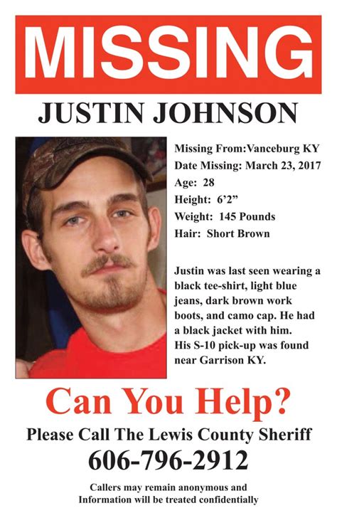 Missing Person Poster Released For Justin Johnson The Lewis County Herald