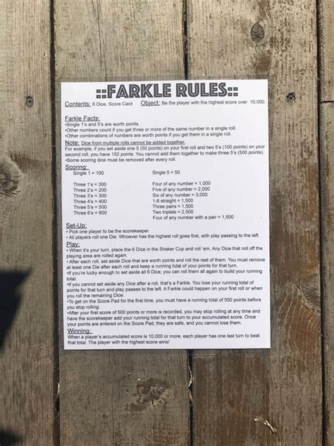 85x11 Laminated Farkle Rules Sheet Farkle