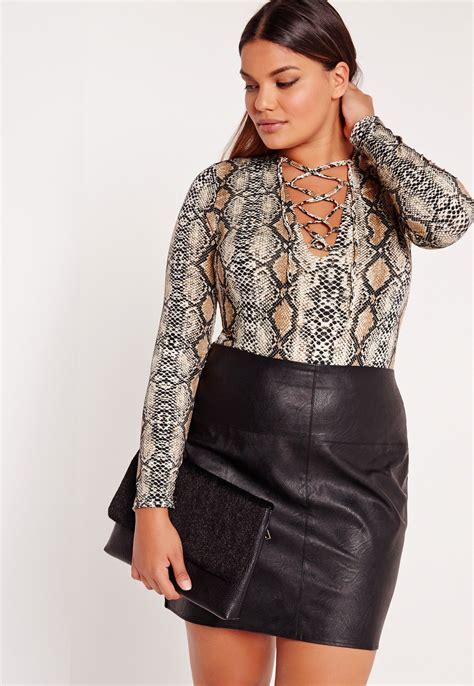 Missguided Plus Size Lace Up Snake Print Bodysuit Brown