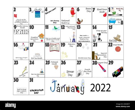 January 2022 Illustrated Monthly Calendar Of Quirky Holidays And