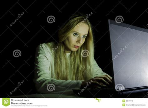 Blonde Woman Working On A Computer By Night Stock Photos Image 33179113