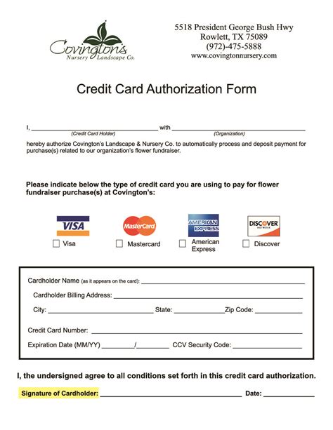 I agree to pay for this purchase in accordance with the issuing bank cardholder agreement. Fundraiser Credit Card Authorization Form - Covingtons