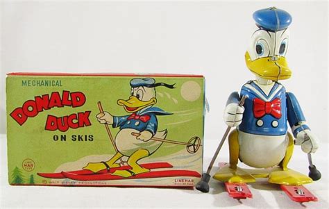 At Auction Linemar Disney Donald Duck On Skis Windup Tin Toy