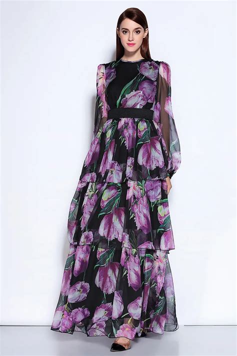 High Quality New Fashion 2018 Runway Maxi Dress Women S Long Sleeve Vintage Tiered Tulip Floral