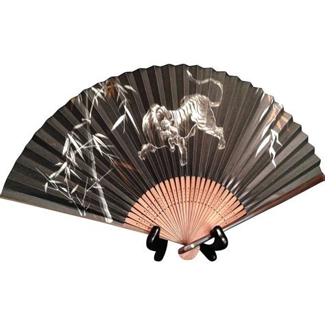 Japanese Vintage Bamboo Sensu Or Folding Fan With Tiger Painting From