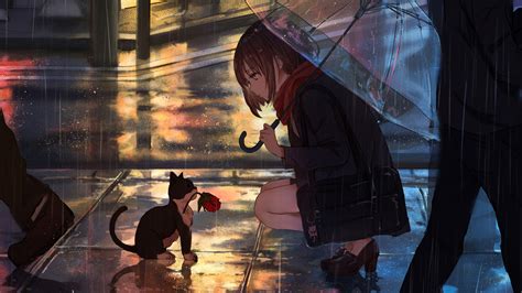 anime girl raining cat 4k 76 wallpaper pc desktop
