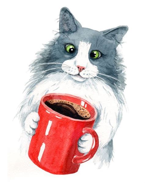 Buy Cat With Coffee Cup Watercolour By Olga Beliaeva On Artfinder