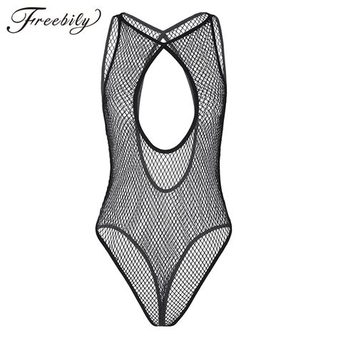 Black Sexy Women Lingerie Jumpsuit One Piece Sleeveless O Neck Hollow Out Bodysuit Fishnet See