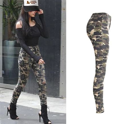 new ladies fashion camouflage print army slim fit skinny hole jeans demin pencil pants trousers