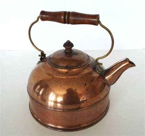 Primitive Copper Tone Tea Kettle Wood Handle Vintage Metalware