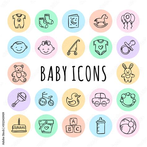 Baby Icons Vector Set Hand Drawn Collection For Kids And Little