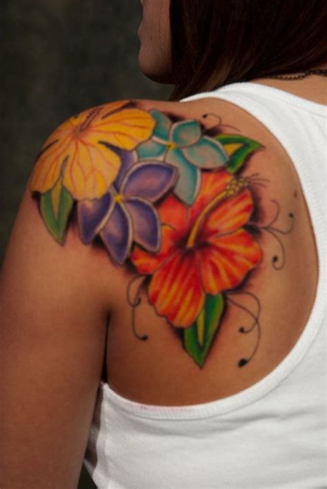 Flowers Hibiscus Plumeria On Shoulder Tattoos