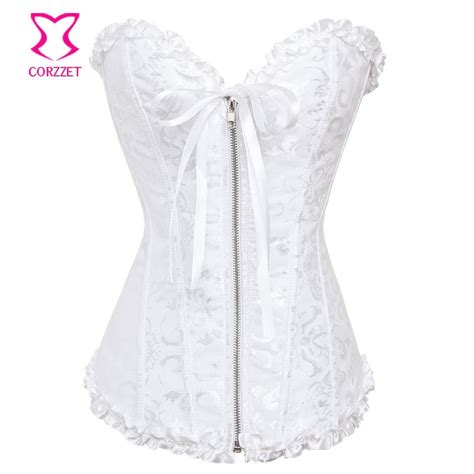 White Bustier Top Jacquard Overbust Corselet Plus Size Zipper Corset Wedding Sexy Gothic
