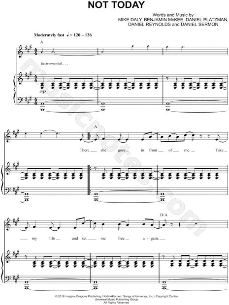 Imagine Dragons Not Today Sheet Music In A Major Transposable