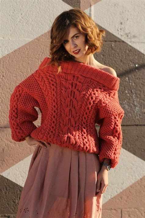 Sweater Women Cable Hand Knit Sweater Bohemian Sweater Coral Red Braid