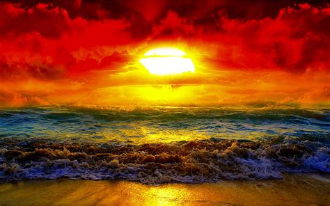 Beautiful Horizon Sun Sunset Waves Red Sky Sea Hd Wallpaper Peakpx