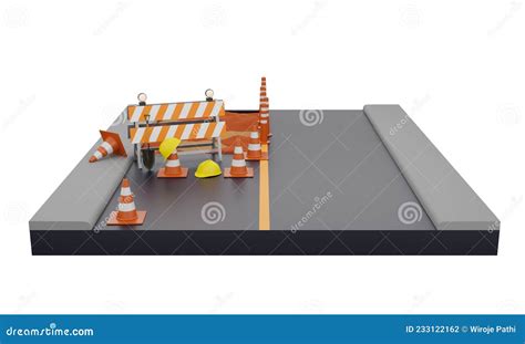 3d Illustration Road Under Repair With Warning Signs And Traffic Cones