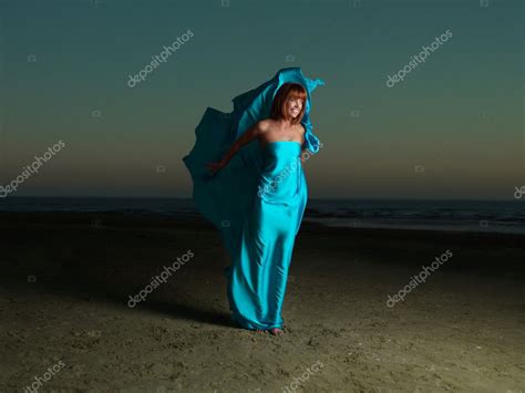 Happy Woman Desert Beach Wind Blowing Dress — Stock Photo © Shotsstudio