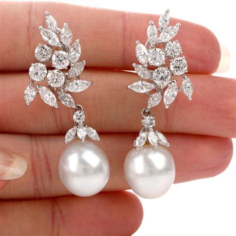 1990s Cluster Diamond Pearl Dangle Platinum Drop Earrings At 1stdibs