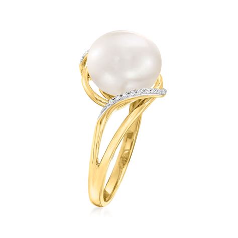 10 105mm Cultured Pearl Wave Ring With Diamond Accents In 14kt Yellow