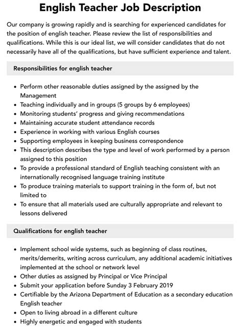 English Teacher Job Description Velvet Jobs