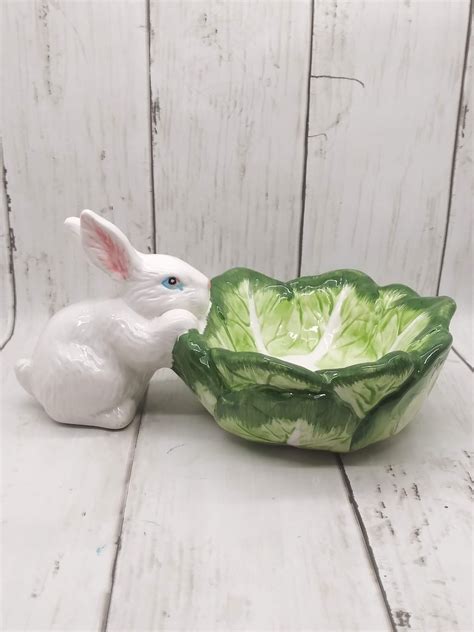 Bunny Trinket Candy Dish Rabbit On Cabbage Leaf Bowl 4 Etsy