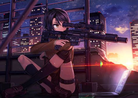 วอลเปเปอร์ สาวอะนิเมะ เมือง ตึกระฟ้า Girl With Weapon ปืนไรเฟิล