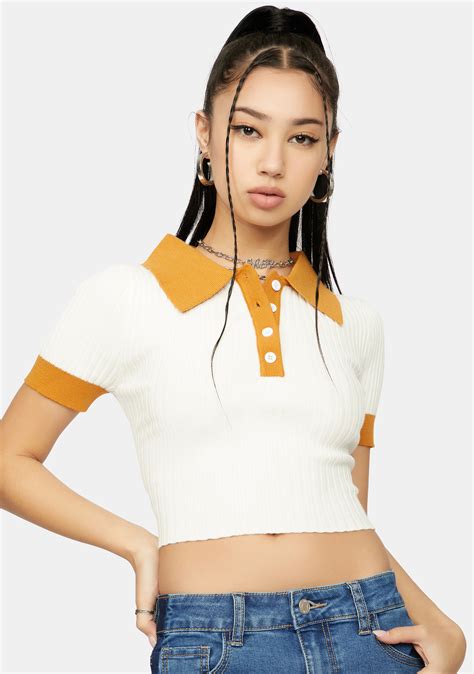 Collared Ribbed Button Up Crop Top White Dolls Kill